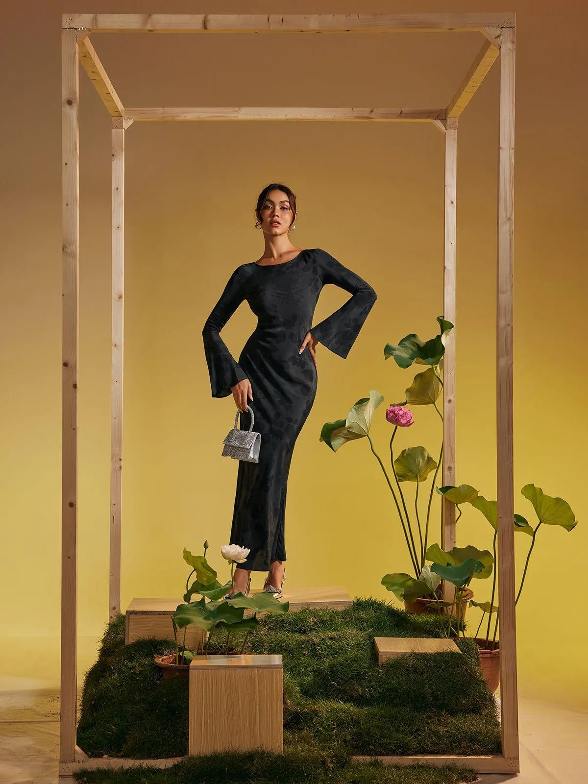 Cecily Long Sleeve Rose Printed Maxi Dress In Black sold by Mew Mews product image thumbnail 5