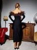 Blanche Off Shoulder Feather Trimmed Midi Dress In Black sold by Mew Mews