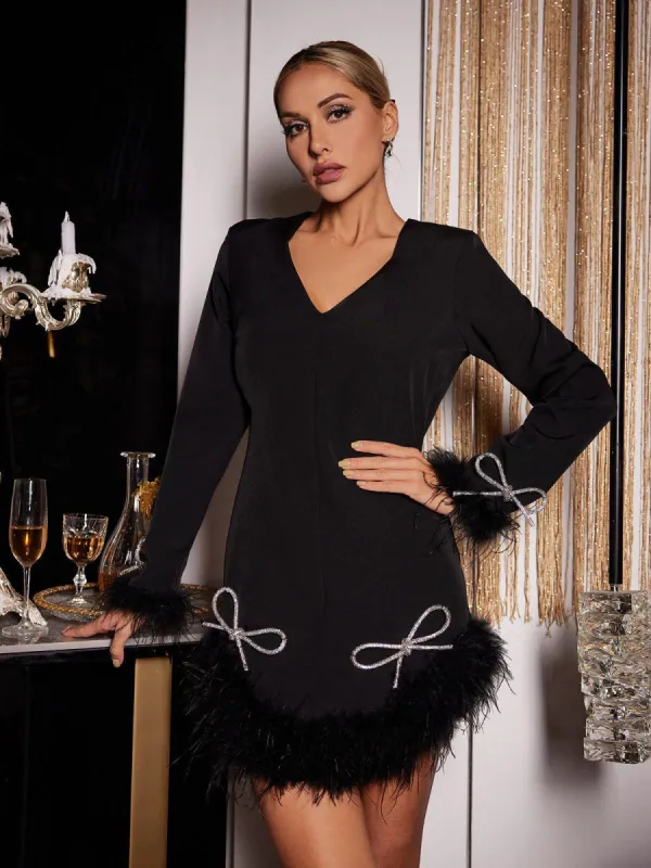 Koko Long Sleeve Bow Crystal Feather Dress sold by Mew Mews