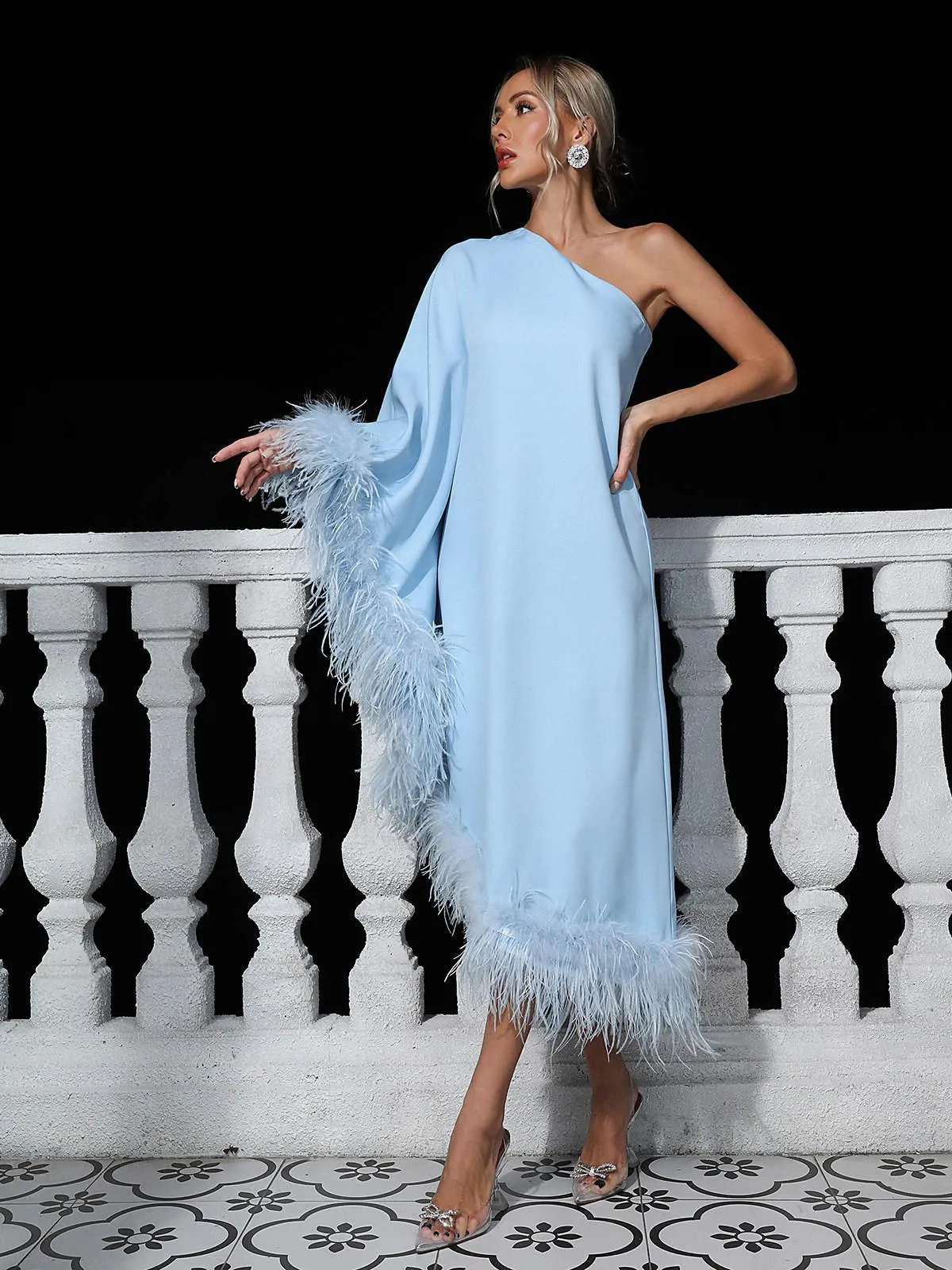 Ceridwen One Shoulder Feather Trimmed Midi Dress In Blue sold by Mew Mews product image thumbnail 3