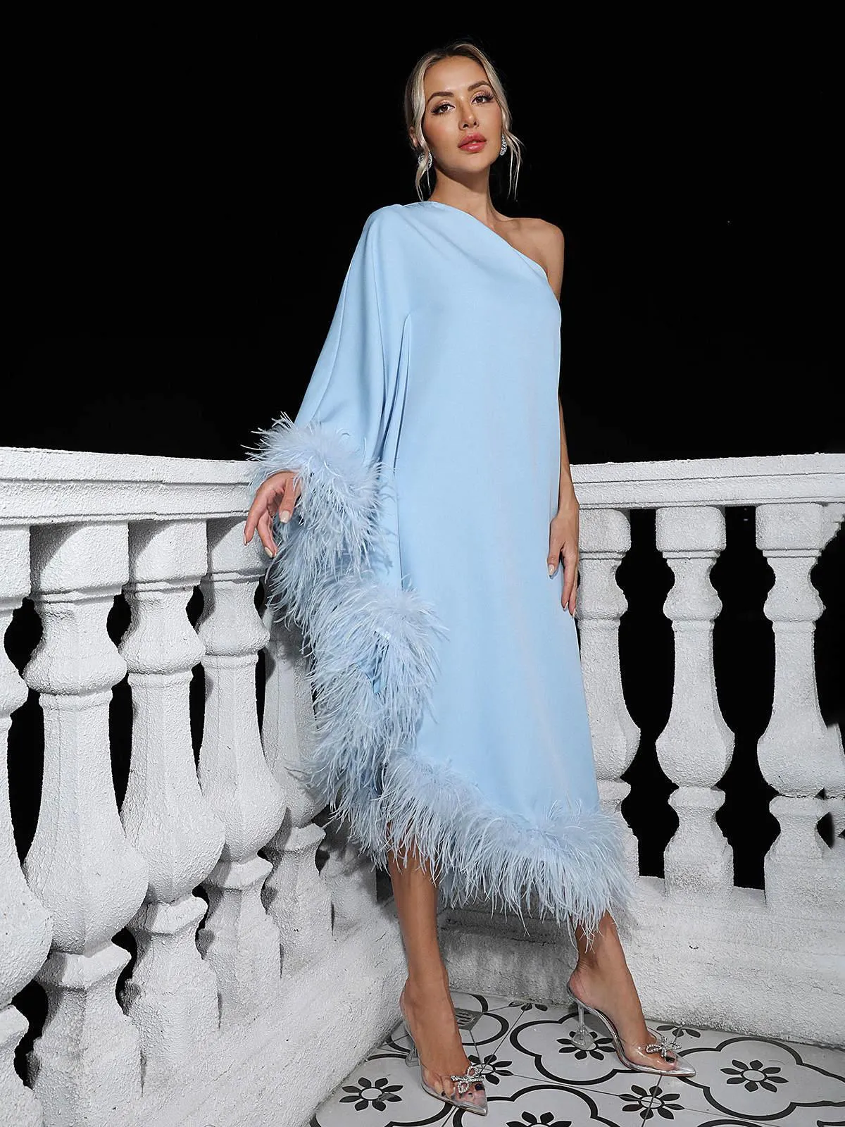 Ceridwen One Shoulder Feather Trimmed Midi Dress In Blue sold by Mew Mews product image thumbnail 2