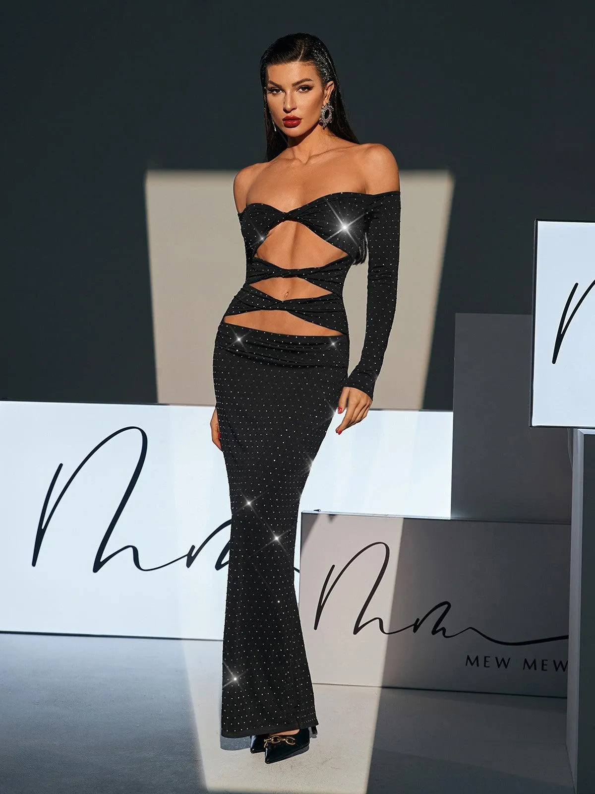 Hedwig Off Shoulder Rhinestone Cutout Maxi Dress sold by Mew Mews