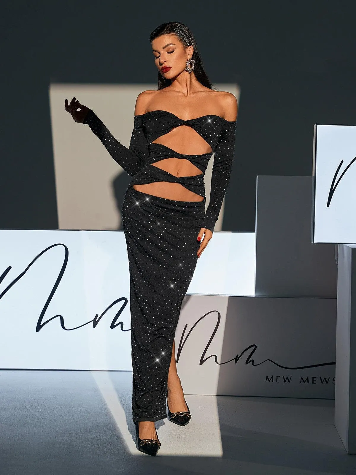Hedwig Off Shoulder Rhinestone Cutout Maxi Dress sold by Mew Mews product image thumbnail 4