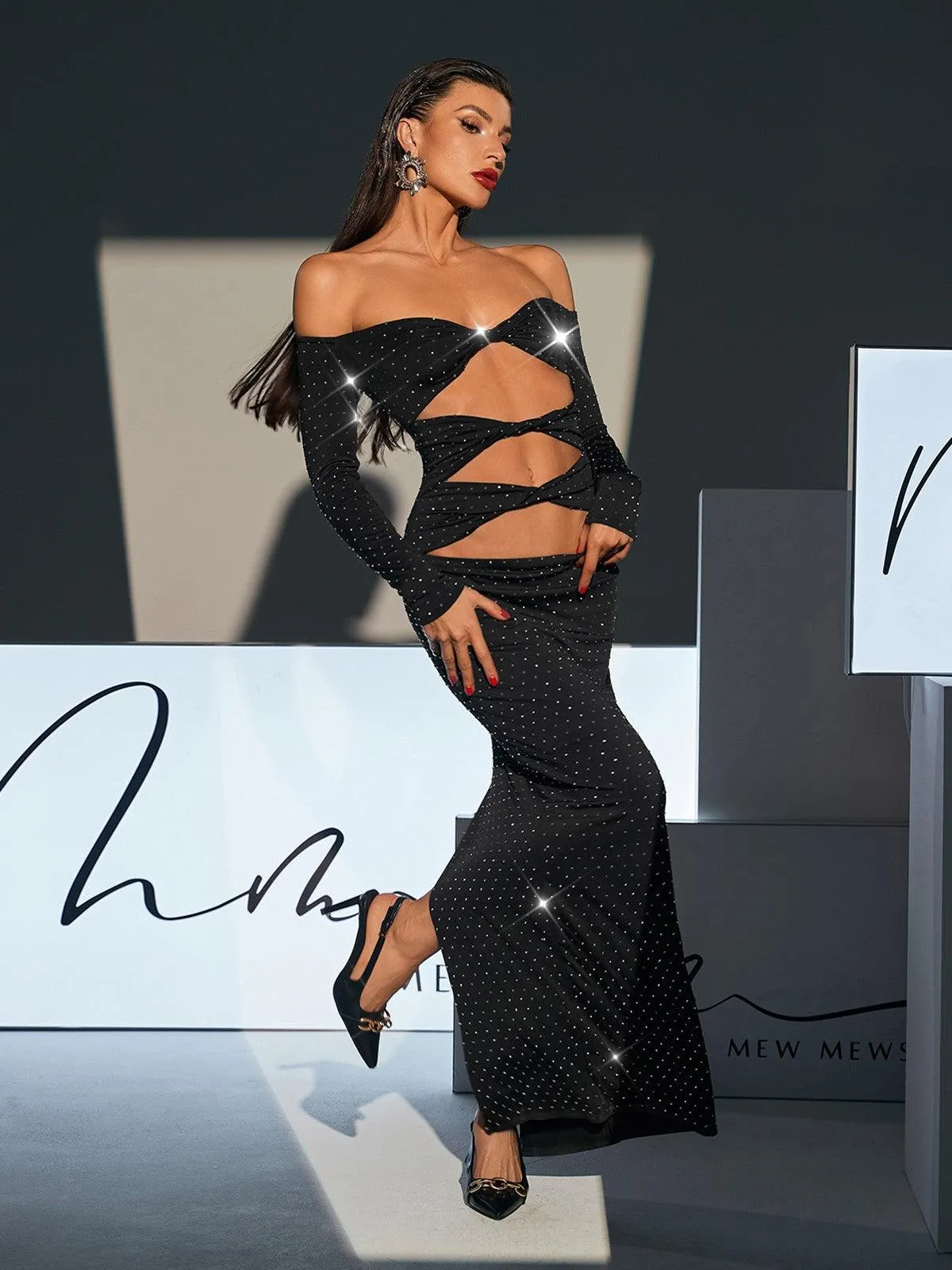 Hedwig Off Shoulder Rhinestone Cutout Maxi Dress sold by Mew Mews product image thumbnail 2