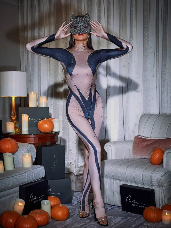 Carmelo Body Printed Rhinestone Gloves Jumpsuit In Black sold by Mew Mews