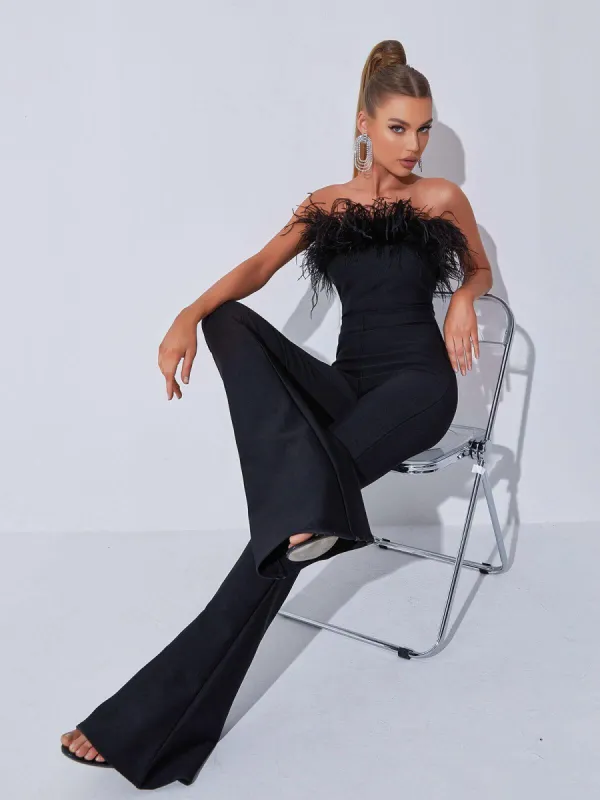 Padma Bandeau Feather Bandage Jumpsuit In Black sold by Mew Mews