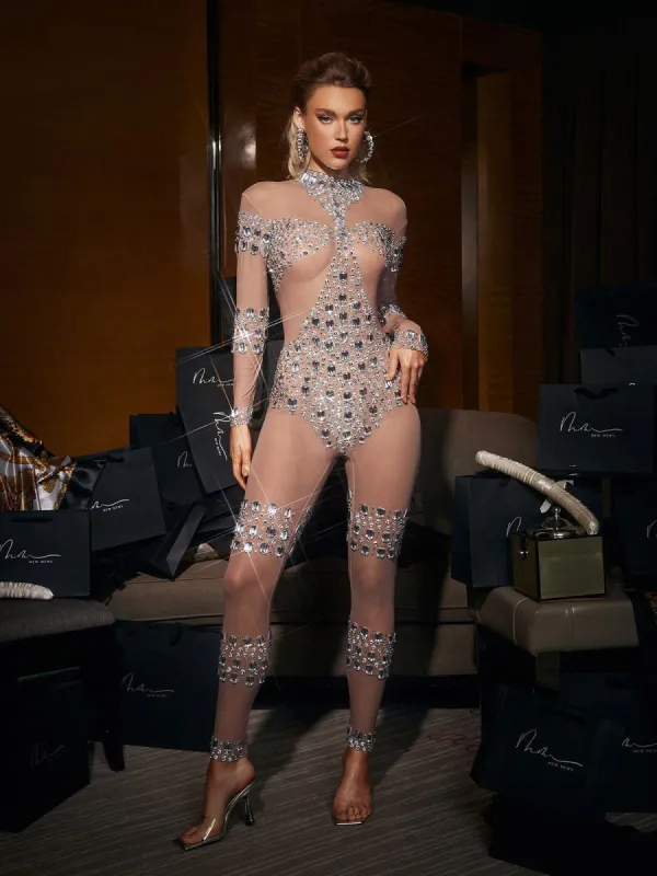Shelby Rhinestone Embellished Mesh Jumpsuit sold by Mew Mews