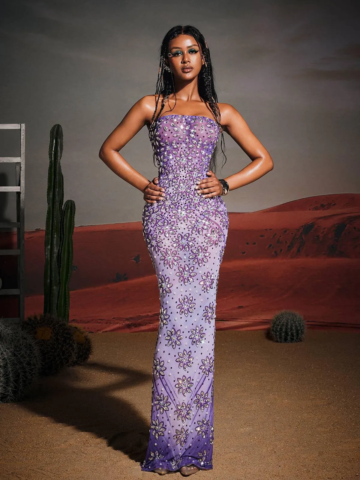 Jaylen Strapless Floral Rhinestone Maxi Dress sold by Mew Mews product image thumbnail 3