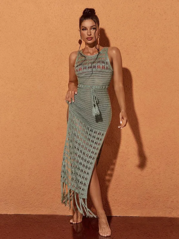 Xanthia Knit Fringe Cover Up Dress In Green sold by Mew Mews