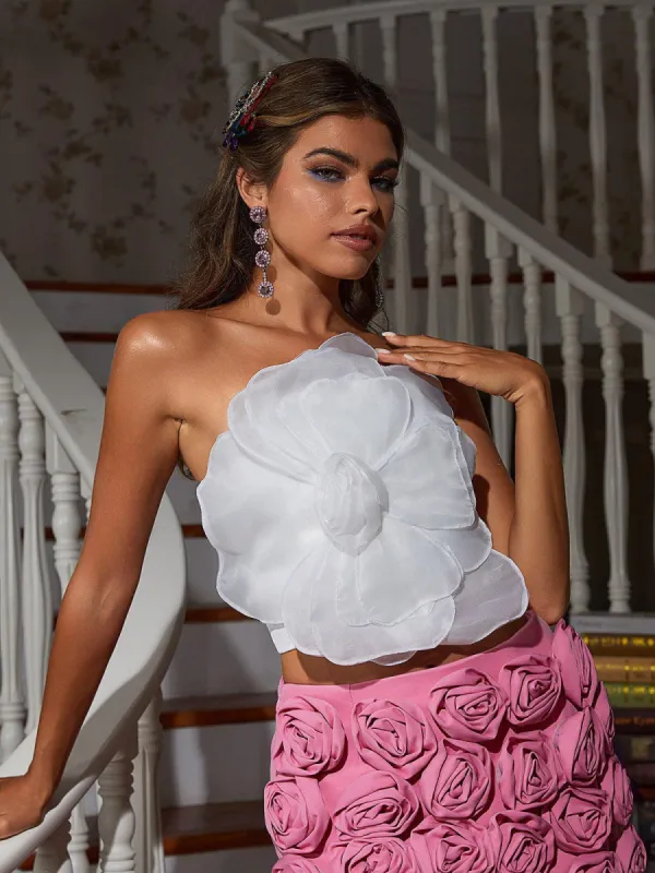 Alistair Strapless Flower Mesh Top In White sold by Mew Mews