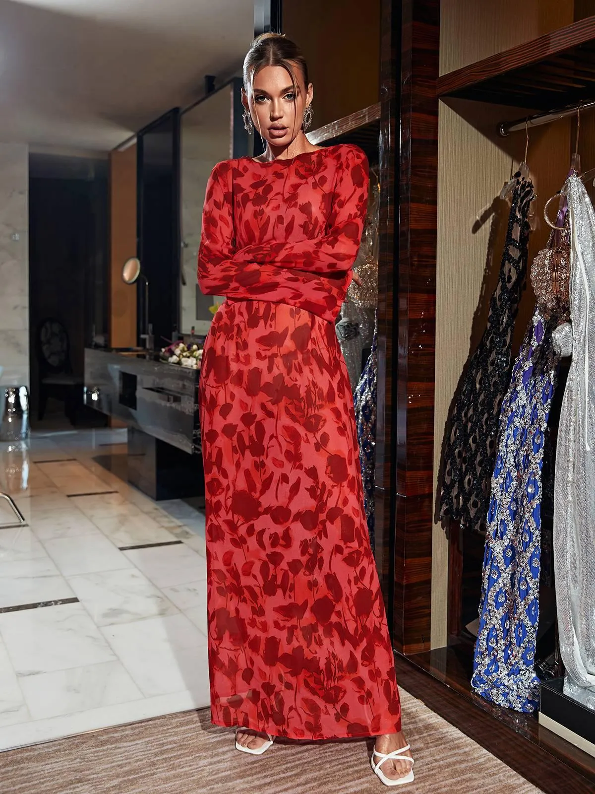 Cecily Long Sleeve Rose Printed Maxi Dress sold by Mew Mews product image thumbnail 2