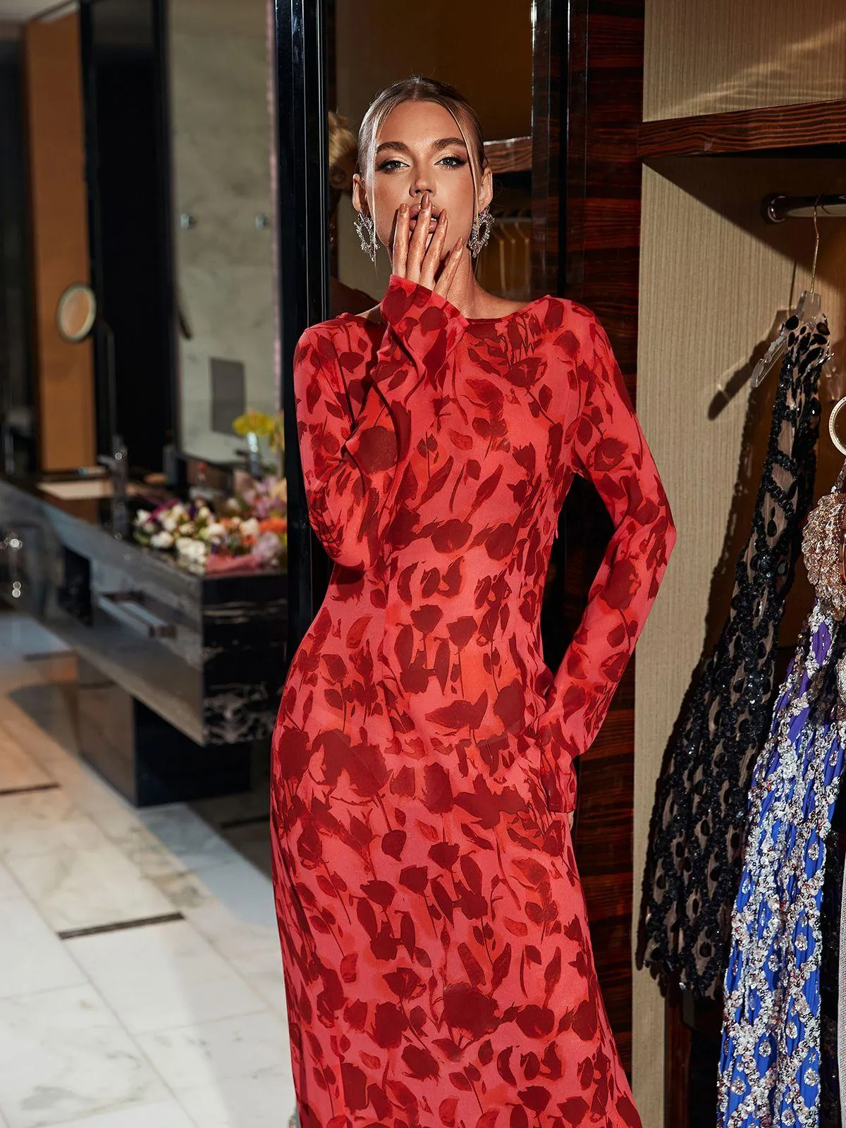Cecily Long Sleeve Rose Printed Maxi Dress sold by Mew Mews product image thumbnail 4