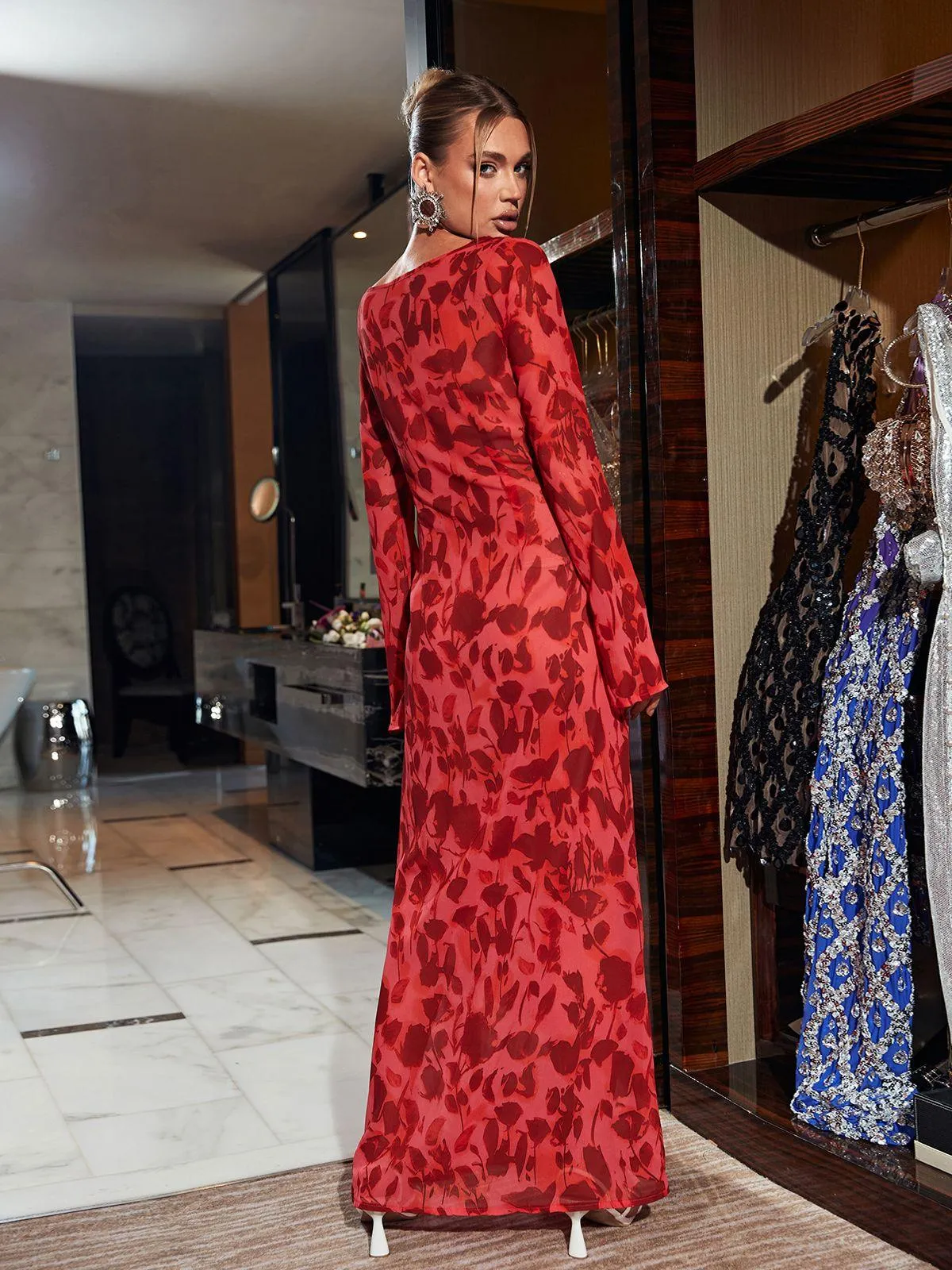 Cecily Long Sleeve Rose Printed Maxi Dress sold by Mew Mews product image thumbnail 5