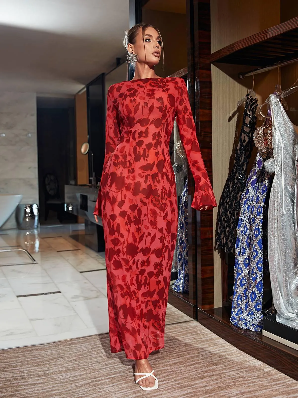 Cecily Long Sleeve Rose Printed Maxi Dress sold by Mew Mews product image thumbnail 3