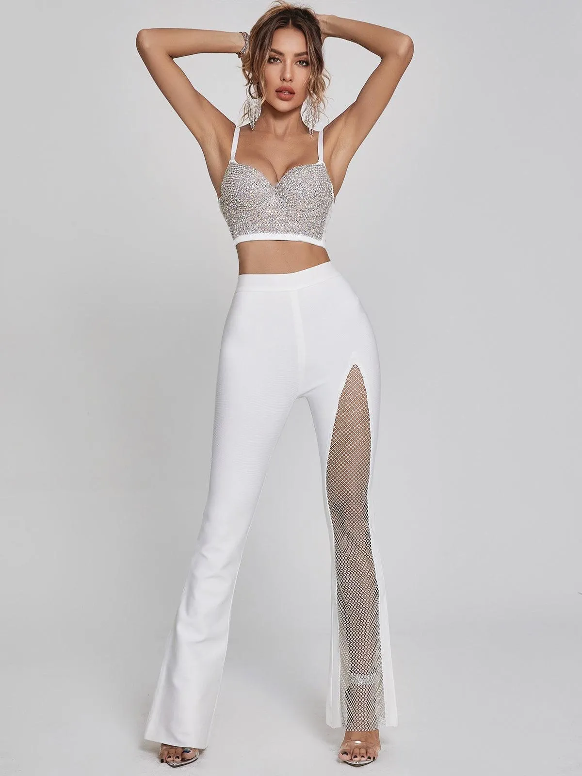 Della Mesh Diamond Bandage Pants In White sold by Mew Mews