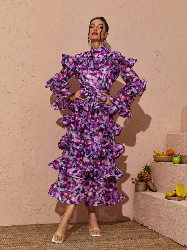 Elena Printed Ruffle Midi Dress In Purple sold by Mew Mews