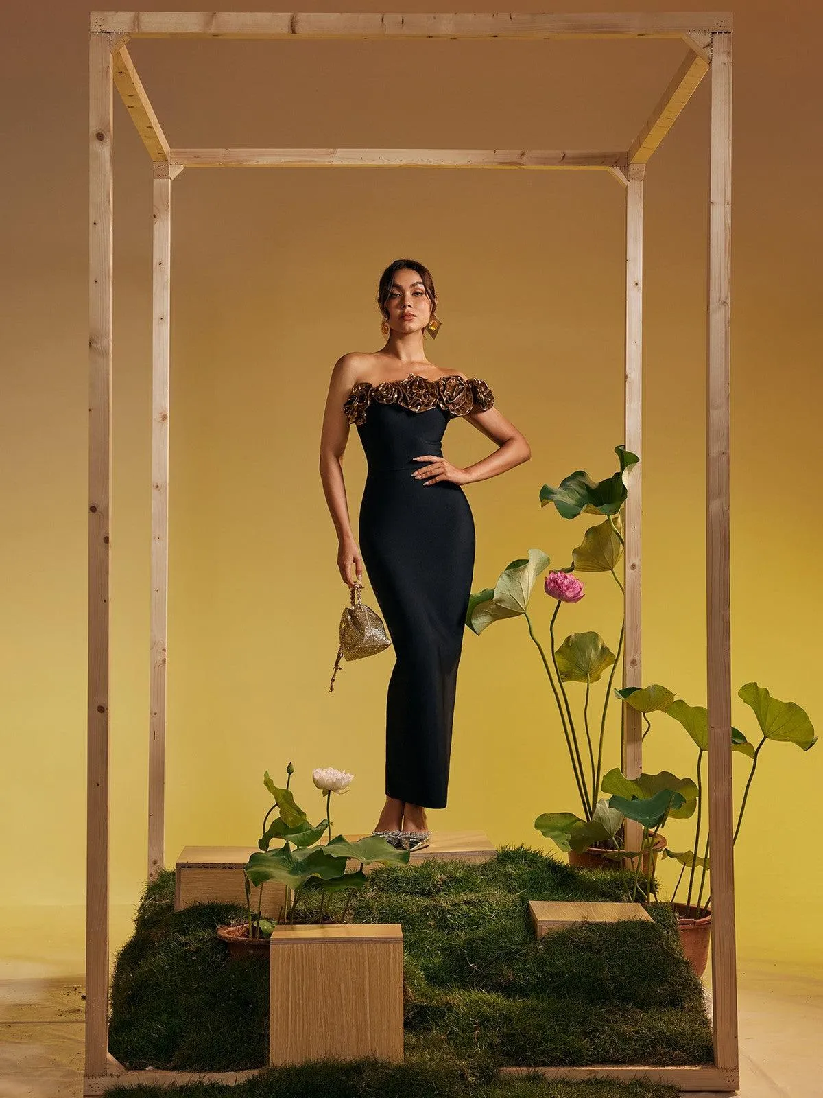 Arnau One Shoulder Flower Bandage Maxi Dress In Gold sold by Mew Mews product image thumbnail 3