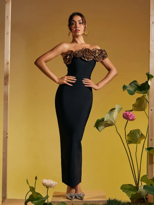 Arnau One Shoulder Flower Bandage Maxi Dress In Gold sold by Mew Mews