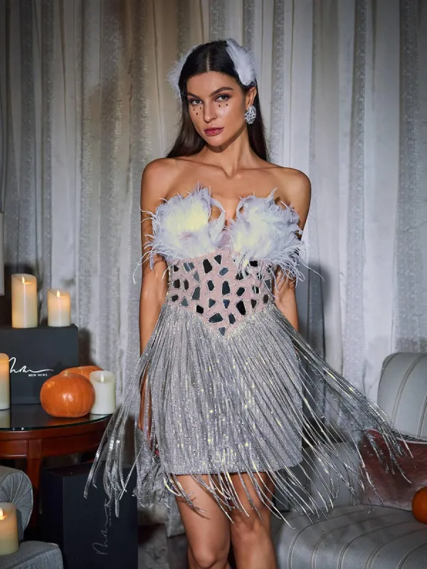 Kamdyn Strapless Crystal Fringe Sequin Dress sold by Mew Mews