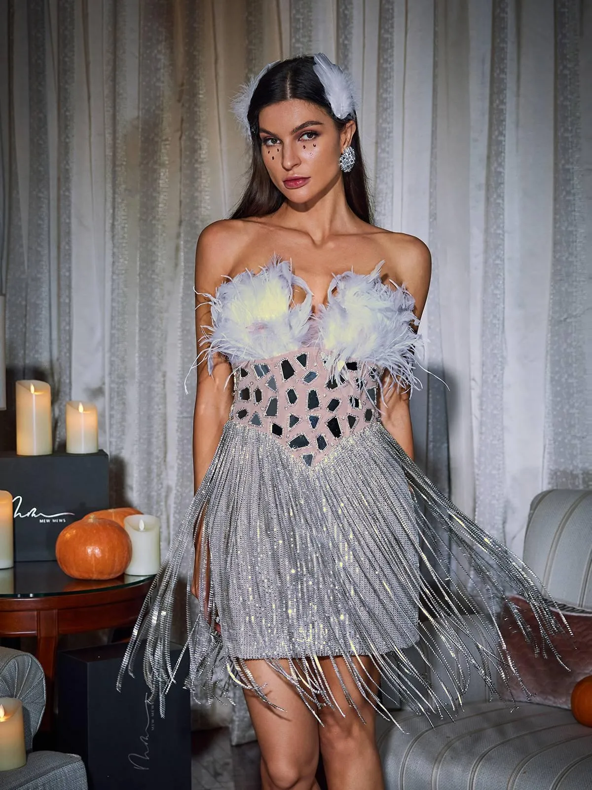 Kamdyn Strapless Crystal Fringe Sequin Dress sold by Mew Mews