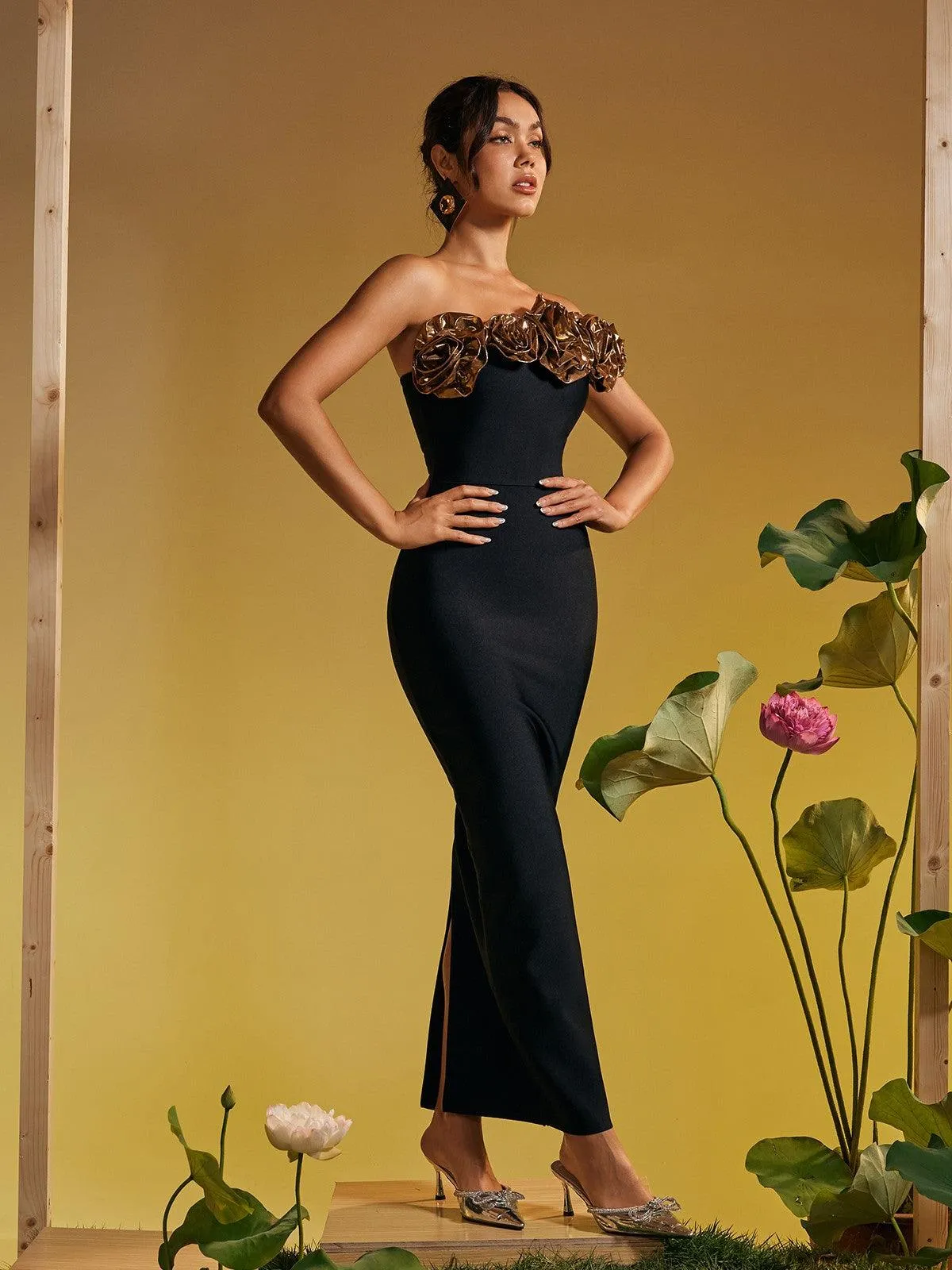 Arnau One Shoulder Flower Bandage Maxi Dress In Gold sold by Mew Mews product image thumbnail 5