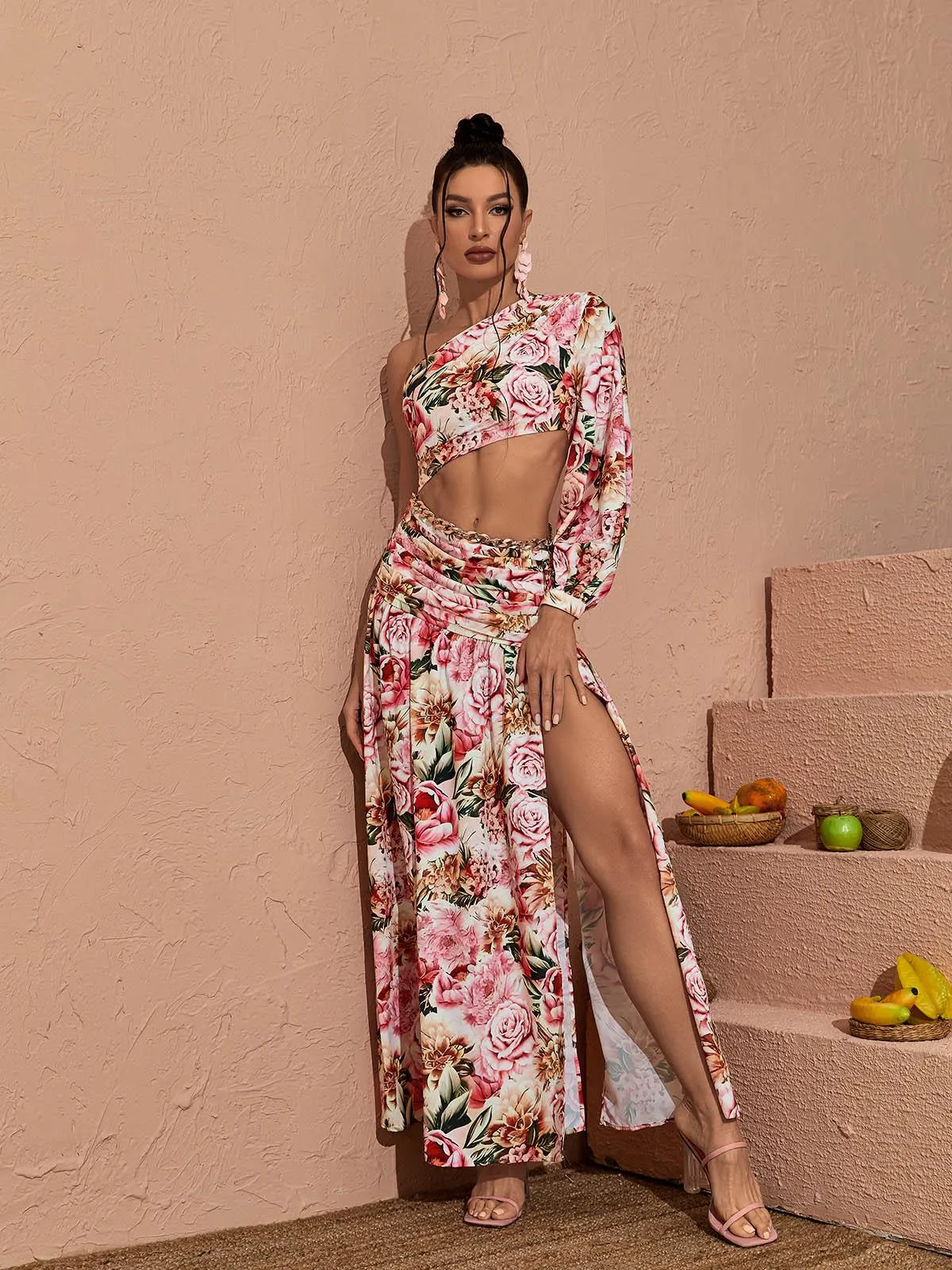 Annabella One Shoulder Floral Cutout Maxi Dress In Pink sold by Mew Mews