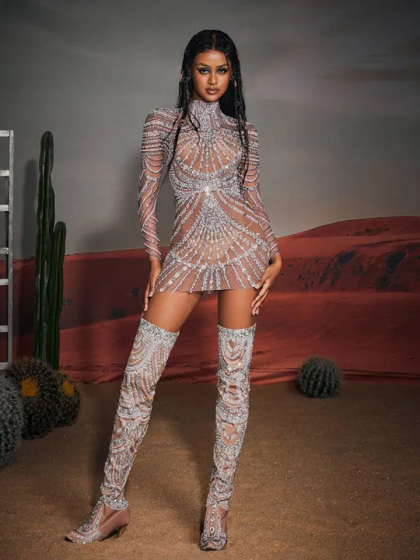 Ruben Long Sleeve Embellished Mesh Mini Dress sold by Mew Mews