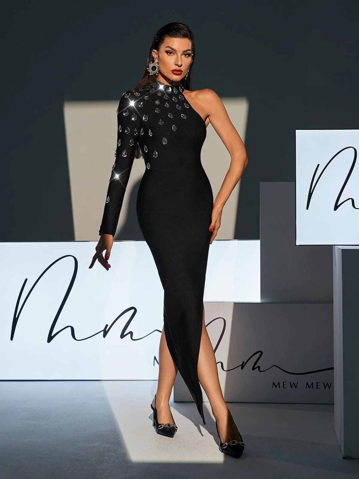 Alfie One Shoulder Rhinestone Cutout Bandage Dress sold by Mew Mews