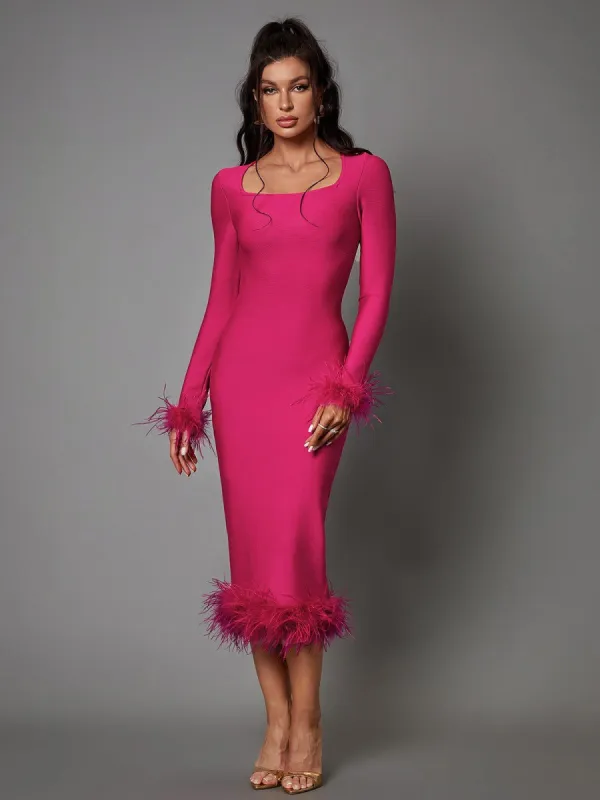 Madeline Long Sleeve Feather Bandage Dress In Hot Pink sold by Mew Mews