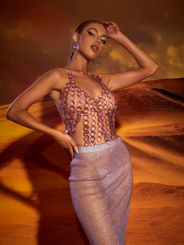 Stella Crystal Fringe Body Chain Top In Violet sold by Mew Mews