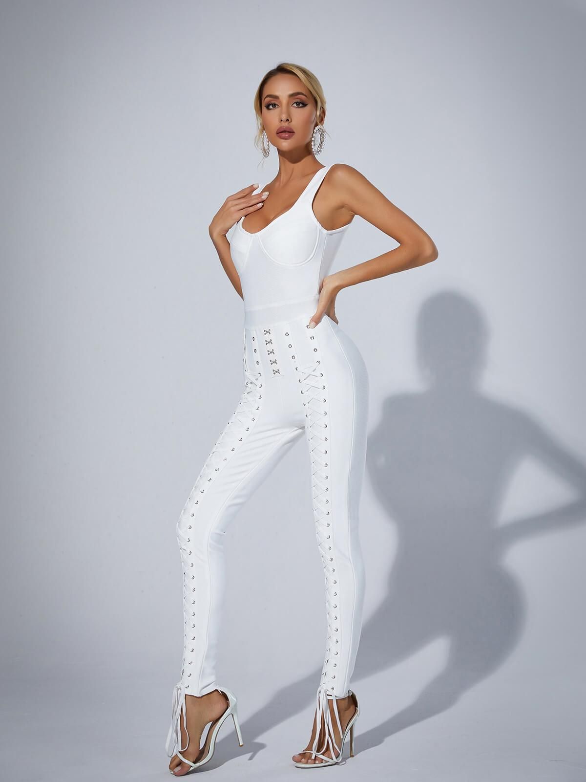 Amiyah Eyelet Lace Up Detail Jumpsuit In White sold by Mew Mews product image thumbnail 4