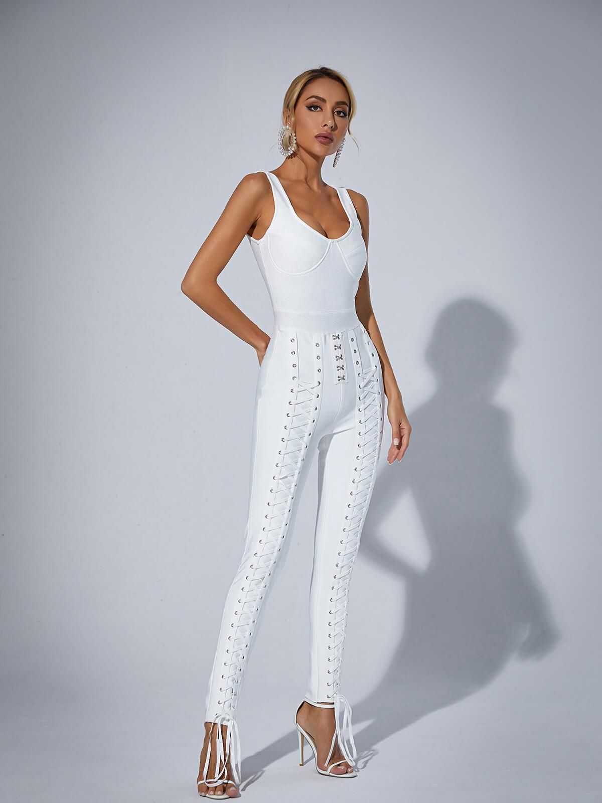 Amiyah Eyelet Lace Up Detail Jumpsuit In White sold by Mew Mews product image thumbnail 3