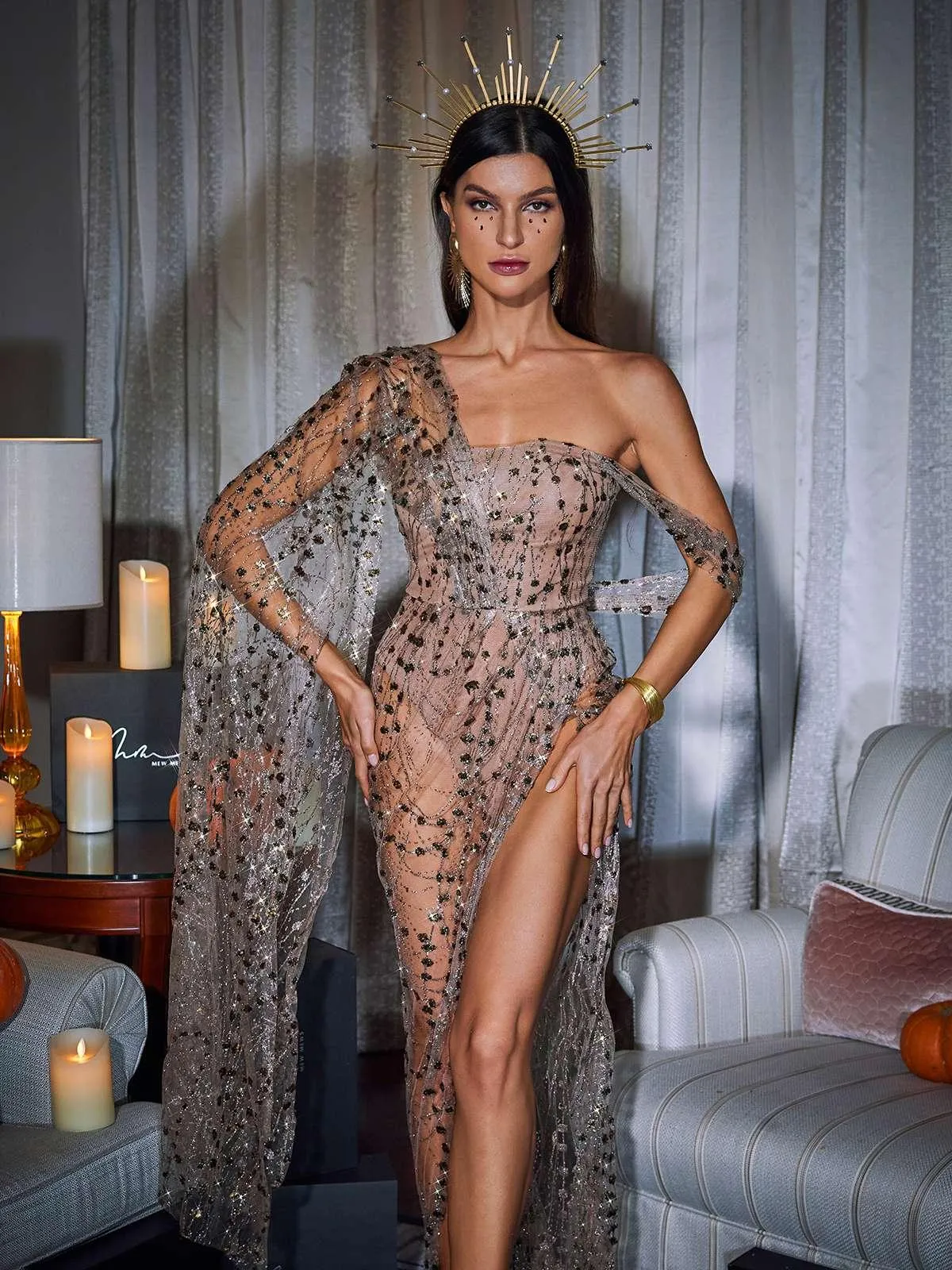 Bailee Split Sequin Maxi Dress In Bronze sold by Mew Mews