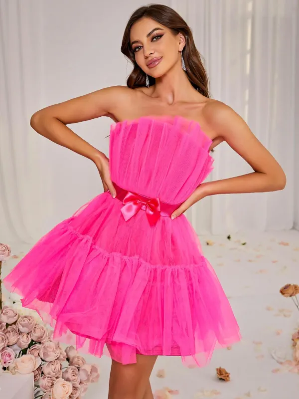Guinevere Strapless Mesh Mini Dress In Hot Pink sold by Mew Mews