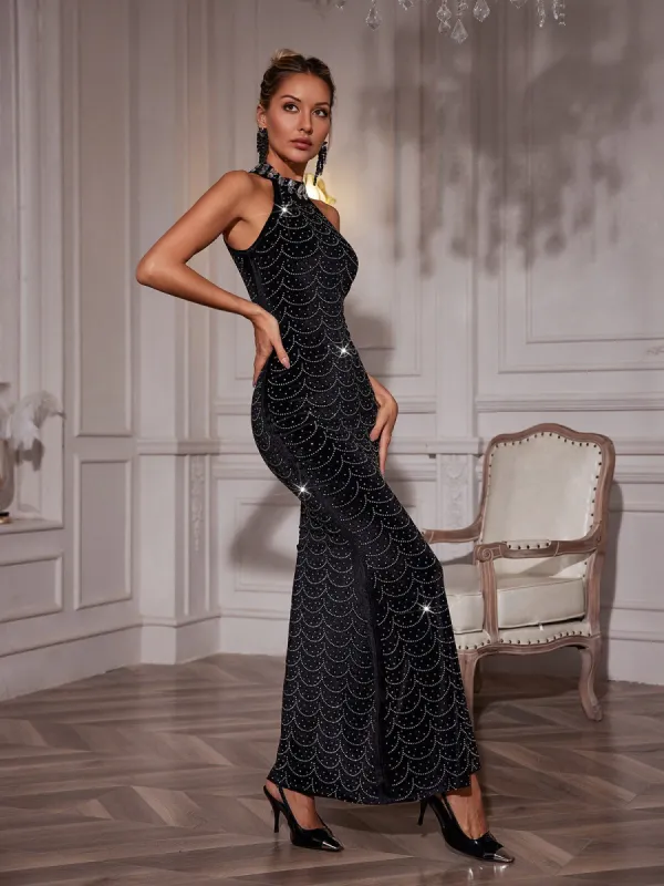 Sunita Halterneck Crystal Velvet Maxi Dress sold by Mew Mews