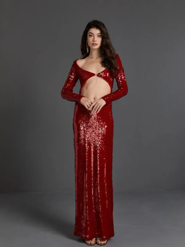 Ailana Long Sleeve Sequin Cutout Maxi Dress sold by Mew Mews
