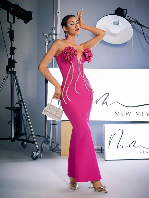 Musa Strapless Crystal Flower Bandage Dress In Hot Pink sold by Mew Mews