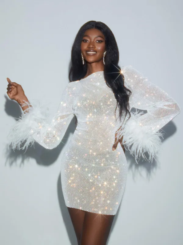 Xanthe Rhinestone Mesh Mini Dress In White made by Mew Mews