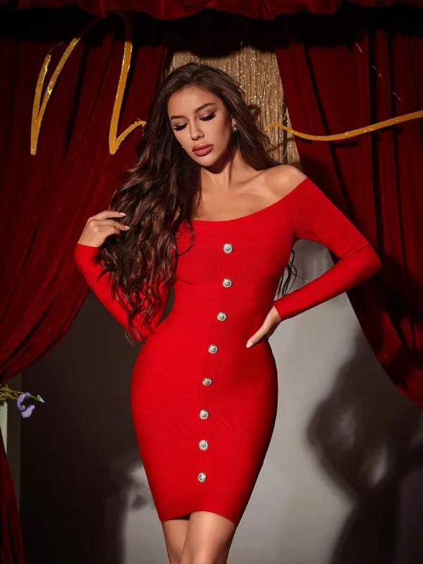 Frada Off Shoulder Button Bandage Dress sold by Mew Mews