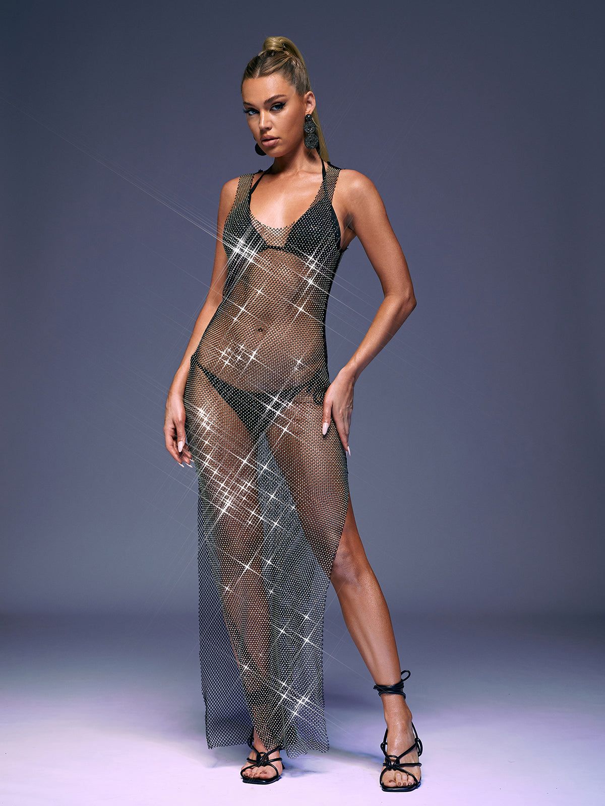 Magdalena Mesh Rhinestone Maxi Dress In Black sold by Mew Mews