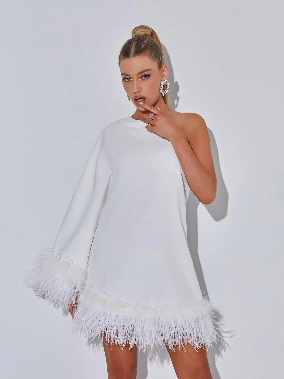 Ceridwen One Shoulder Feather Mini Dress In White sold by Mew Mews product image thumbnail 2