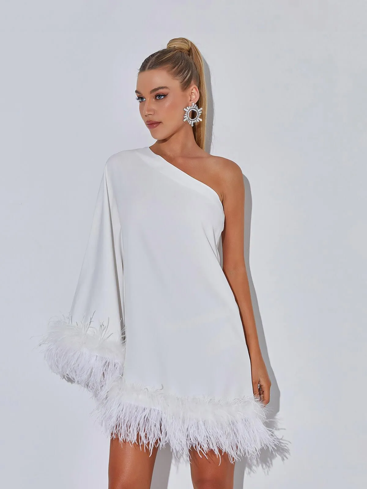 Ceridwen One Shoulder Feather Mini Dress In White sold by Mew Mews product image thumbnail 5