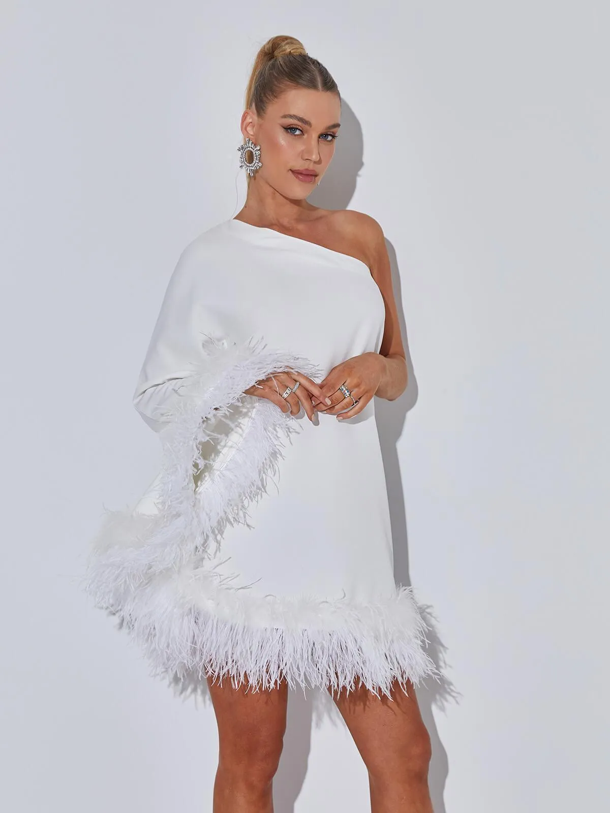 Ceridwen One Shoulder Feather Mini Dress In White sold by Mew Mews