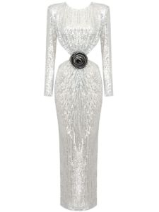 Aviva Long Sleeve Cutout Sequin Maxi Dress In Silver sold by Mew Mews