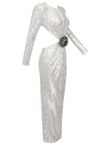 Aviva Long Sleeve Cutout Sequin Maxi Dress In Silver sold by Mew Mews
