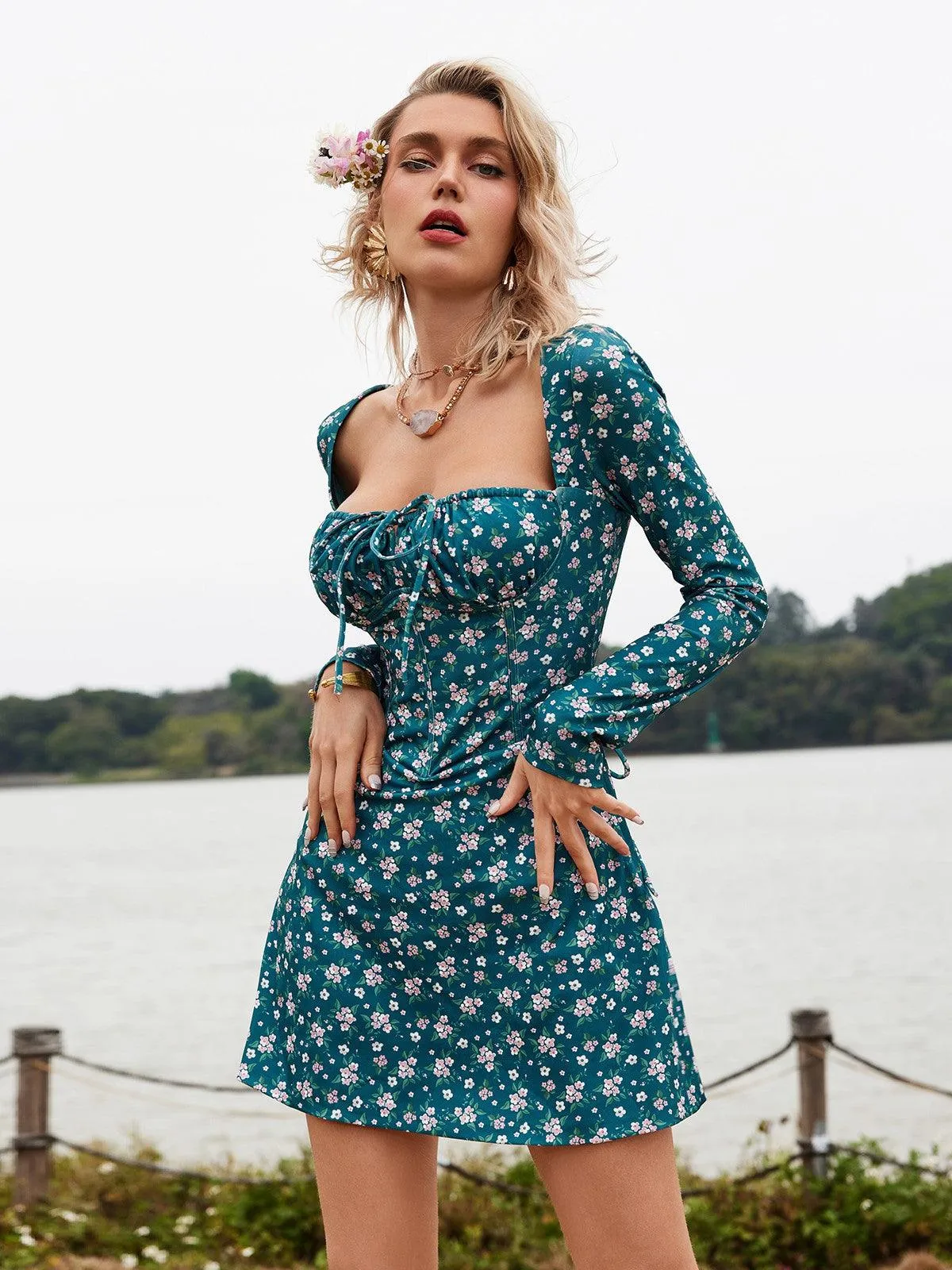 Uhtred Floral Lacing Mini Dress sold by Mew Mews product image thumbnail 4
