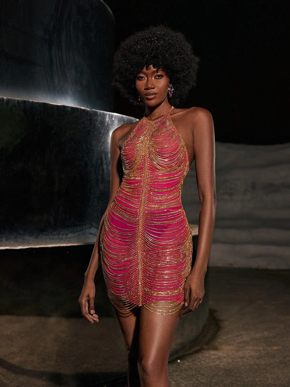 Cinzia Halterneck Diamond Chain Mesh Mini Dress In Hot Pink sold by Mew Mews product image thumbnail 2