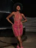 Cinzia Halterneck Diamond Chain Mesh Mini Dress In Hot Pink sold by Mew Mews
