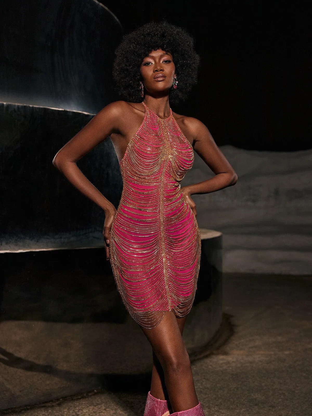 Cinzia Halterneck Diamond Chain Mesh Mini Dress In Hot Pink sold by Mew Mews