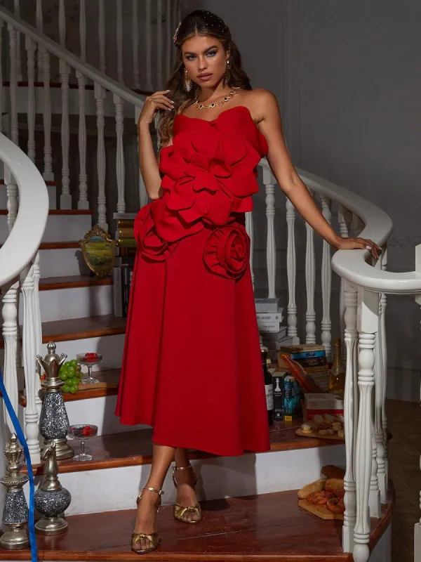 Bayard Strapless Flower Top In Red made by Mew Mews